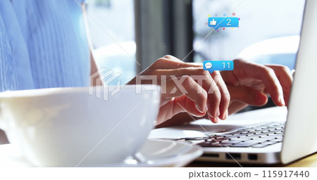 Speech bubble with digital icons with increasing numbers against caucasian woman using laptop Speech bubble with digital icons with increasing numbers against caucasian woman using laptop 115917440