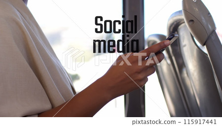 Image of social media text over caucasian woman using smartphone Image of social media text over caucasian woman using smartphone 115917441