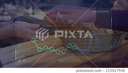 Image of data processing with graph over diverse people paying with credit card Image of data processing with graph over diverse people paying with credit card 115917540