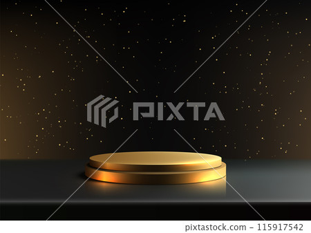 3D Gold Podium on Dark Background with Sparkling Glitter for Luxury Product Display 3D Gold Podium on Dark Background with Sparkling Glitter for Luxury Product Display 115917542