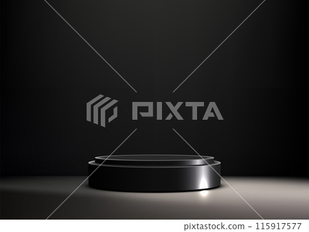3D Black Podium with Spotlight in Dark Room, Modern Style Product Display Mockup, Showroom Showcase 115917577