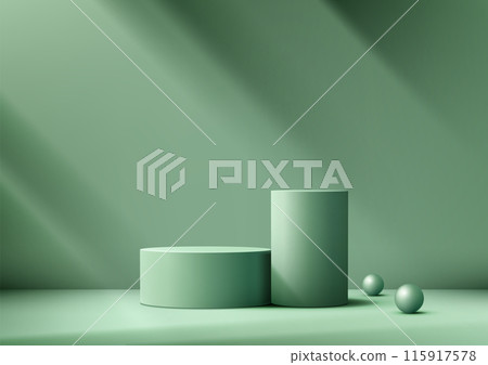 3D Green Podium Stand with Balls on Green Background for Modern Product Display and Showcase Mockup 115917578