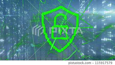 Digital image of graphical padlock with shield and lines moving against abstract background 115917579