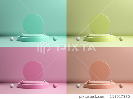 3D vibrant podium with a circle backdrop in the middle sits and balls elements on a soft background 115917580