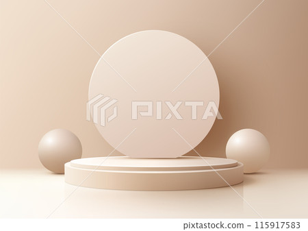 3D Beige Podium with Circle Backdrop and Shiny Balls, Playful and Celebratory Atmosphere for Product Display, Mockup, Showroom 3D Beige Podium with Circle Backdrop and Shiny Balls, Playful and Celebratory Atmosphere for Product Display, Mockup, Showroom 115917583