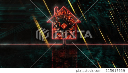 Image of light trails over house icon with computer circuit board on black background 115917639