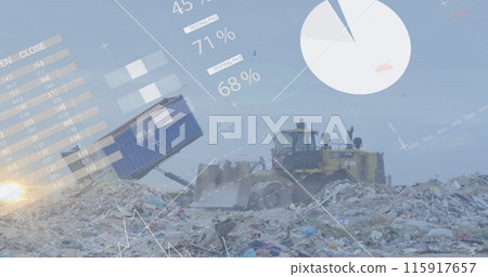 Image of multiple graphs with database moving over bulldozer unloading junk at landfill Image of multiple graphs with database moving over bulldozer unloading junk at landfill 115917657