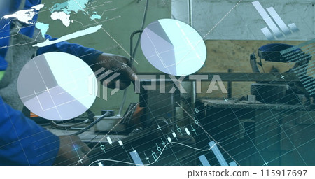Image of statistics and data processing over african american man using machinery in factory 115917697