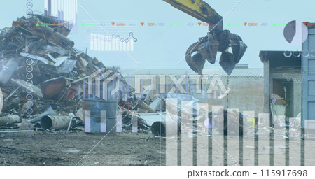 Image of statistics and data processing over vehicle in scrap yard Image of statistics and data processing over vehicle in scrap yard 115917698