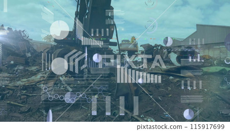 Image of graphs and charts processing data over industrial construction site 115917699