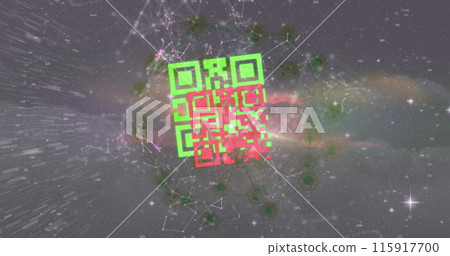 Image of red and green qr codes over networks of communication and lights on dark background Image of red and green qr codes over networks of communication and lights on dark background 115917700