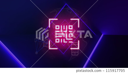 Image of pink neon qr code, blue neon lights and connected media icons on black background Image of pink neon qr code, blue neon lights and connected media icons on black background 115917705