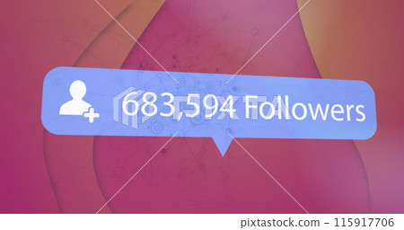 Image of social media followers notification over communication network, on orange and red Image of social media followers notification over communication network, on orange and red 115917706