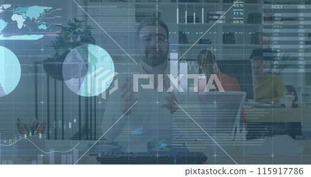 Image of data processing over diverse business people at office Image of data processing over diverse business people at office 115917786