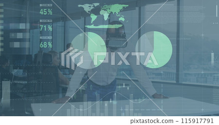 Image of data processing over caucasian businessman using vr headset at office Image of data processing over caucasian businessman using vr headset at office 115917791