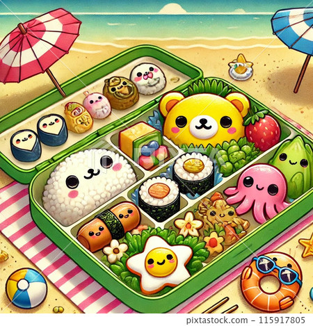 這是一個可愛的午餐盒的插圖。動物、人物形狀的食材很多,所以製作起來非常簡單。 這是一個可愛的午餐盒的插圖。動物、人物形狀的食材很多,所以製作起來非常簡單。 115917805