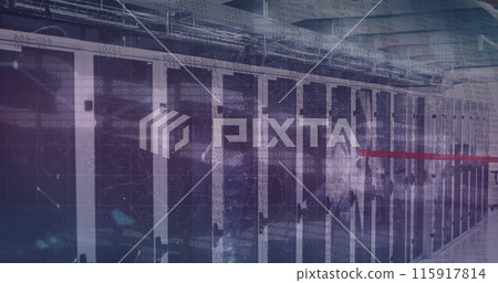 Image of network of connections and data processing over server room 115917814