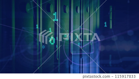 Image of binary coding and network of digital icons against empty computer server room 115917833