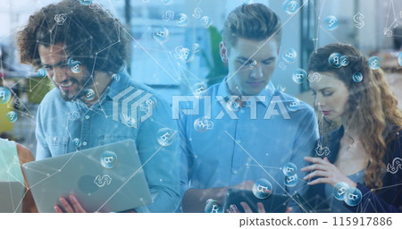 Image of connected dots, bitcoin and dollar signs over coworkers discussing over technologies 115917886