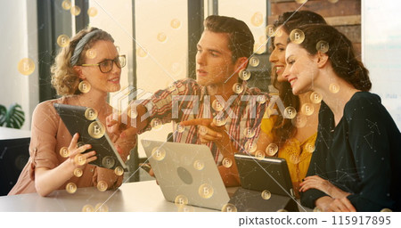 Image of connected dots and bitcoins falling over coworkers discussing over technologies Image of connected dots and bitcoins falling over coworkers discussing over technologies 115917895