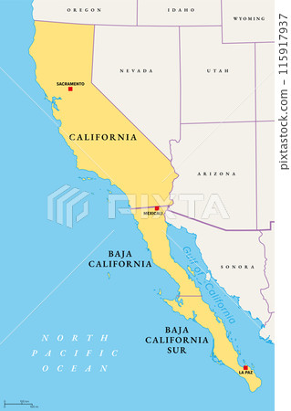 The Californias, a region of North America, political map. Spanning the United States and Mexico, consisting of the U.S. state California and Mexican states Baja California and Baja California Sur. The Californias, a region of North America, political map. Spanning the United States and Mexico, consisting of the U.S. state California and Mexican states Baja California and Baja California Sur. 115917937