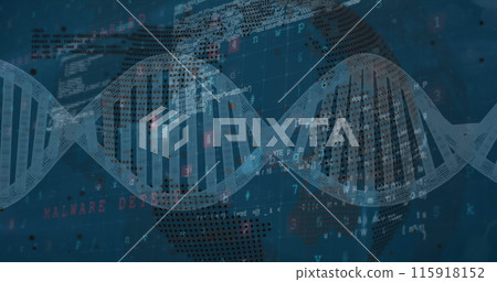 Image of dna strand spinning over globe and data processing 115918152
