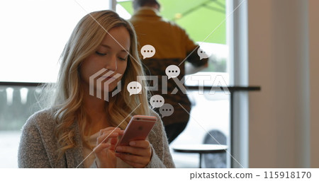 Image of social media icons over caucasian woman using smartphone Image of social media icons over caucasian woman using smartphone 115918170