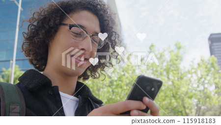 Image of digital icons over caucasian woman using smartphone 115918183