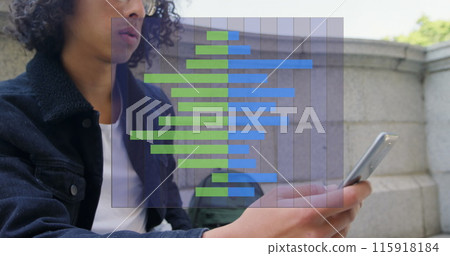 Image of cityscape over biracial businessman using smartphone 115918184