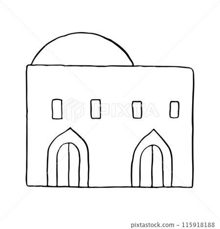 Black and white Arabic house vector illustration. Simple flat traditional Islamic Middle East architecture front with windows and doors. Ancient line hut with dome Black and white Arabic house vector illustration. Simple flat traditional Islamic Middle East architecture front with windows and doors. Ancient line hut with dome 115918188