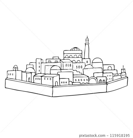 Arabic old city landscape of Saudi Arabia, Emirates Egypt or Jordan. Black and white Ink line sketch of traditional Islamic architecture with Middle East mosque minaret, houses and wall Arabic old city landscape of Saudi Arabia, Emirates Egypt or Jordan. Black and white Ink line sketch of traditional Islamic architecture with Middle East mosque minaret, houses and wall 115918195