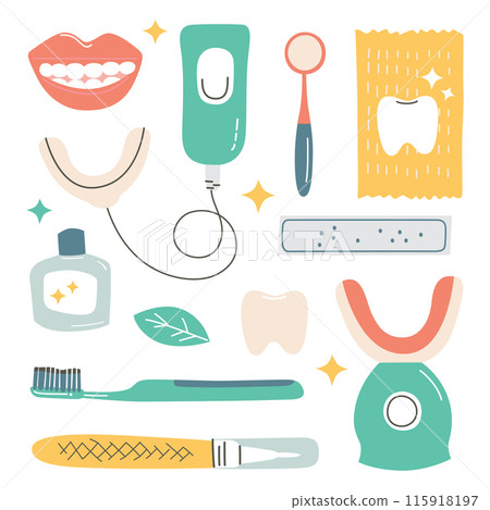 Vector illustration of a teeth whitening kit set in flat cartoon style. Includes LED light whitener, gels, pens, strips, and other dental tools for home use, for dental care and oral hygiene designs 115918197