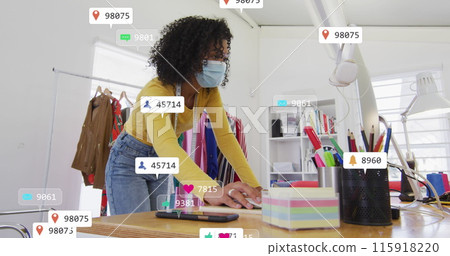 Image of network of connections over happy caucasian woman using smartphone and laptop Image of network of connections over happy caucasian woman using smartphone and laptop 115918220