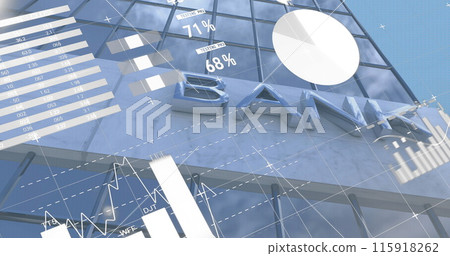 Image of statistics with data processing over bank building Image of statistics with data processing over bank building 115918262
