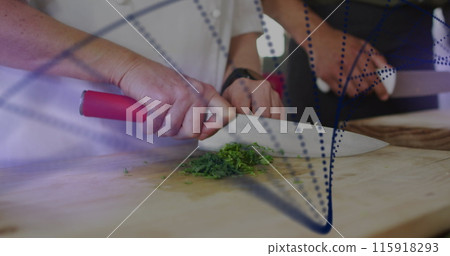 Image of dots forming dna helix over cropped hands of chef cutting vegetable over cutting board Image of dots forming dna helix over cropped hands of chef cutting vegetable over cutting board 115918293