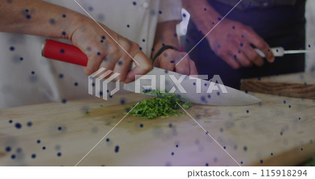 Image of dots forming dna helix over cropped hands of chef cutting vegetable over cutting board Image of dots forming dna helix over cropped hands of chef cutting vegetable over cutting board 115918294