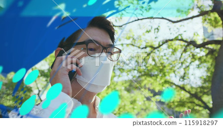 Image of data processing over asian man using smartphone 115918297
