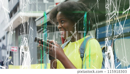 Image of abstract pattern over african american woman talking on phone wearing headphones 115918303
