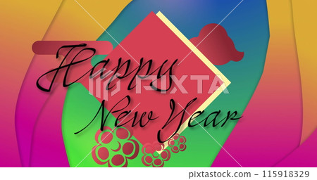 Image of happy new year text over shapes 115918329