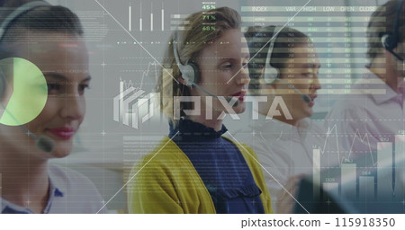 Image of data processing over diverse business people in office 115918350