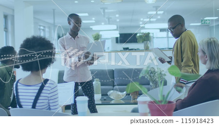 Image of data processing over diverse business people in office Image of data processing over diverse business people in office 115918423