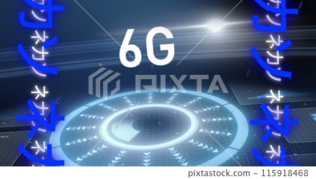 Image of scope scanning and 6g text over chinese symbols 115918468