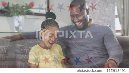 Image of usa flag over happy african american father and daughter 115918491
