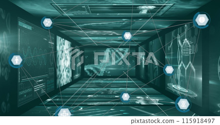 Image of icons in hexagons connected by lines over infographic interface tunnel 115918497