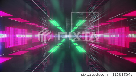 Image of screens with data processing over neon tunnel in seamless pattern 115918543