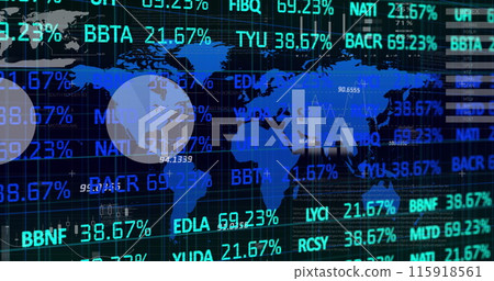 Image of statistical and stock market data processing over world map against black background Image of statistical and stock market data processing over world map against black background 115918561