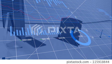 Image of statistical data processing against close up of a desk at office 115918644