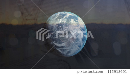 Image of data processing over pylons and globe 115918691