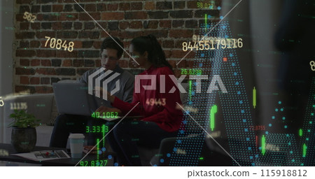 Image of financial data processing over business people in office 115918812