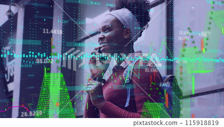 Image of financial data processing over woman using smartphone Image of financial data processing over woman using smartphone 115918819